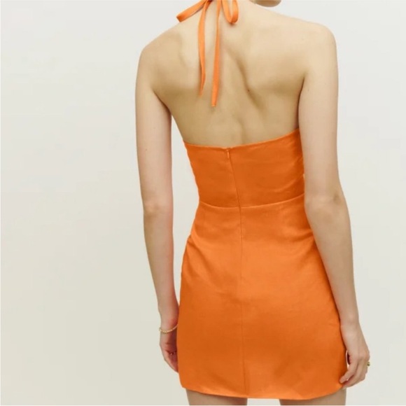 Reformation Dory Linen Dress in Orange Halter Neckline Faux Wrap Mini NWT - Picture 3 of 11